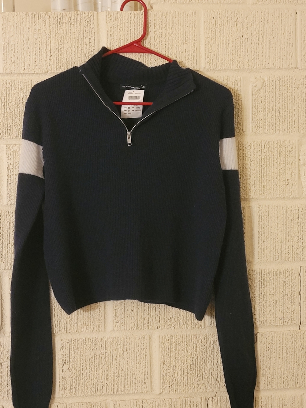 Brandy Melville Navy Cropped Quarter-Zip Sweater with Light Gray Sleeve Stripe